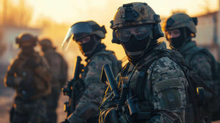 Fototapeta premium Soldiers silhouetted against a golden sunset, conveying a sense of mystery and the unknown in military operations