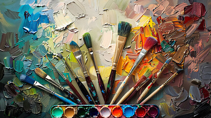 A vivid tableau of artist's paintbrushes and a palette brimming with colors captures the essence of...