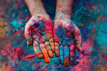 different hand filled with colored powder,generative ai