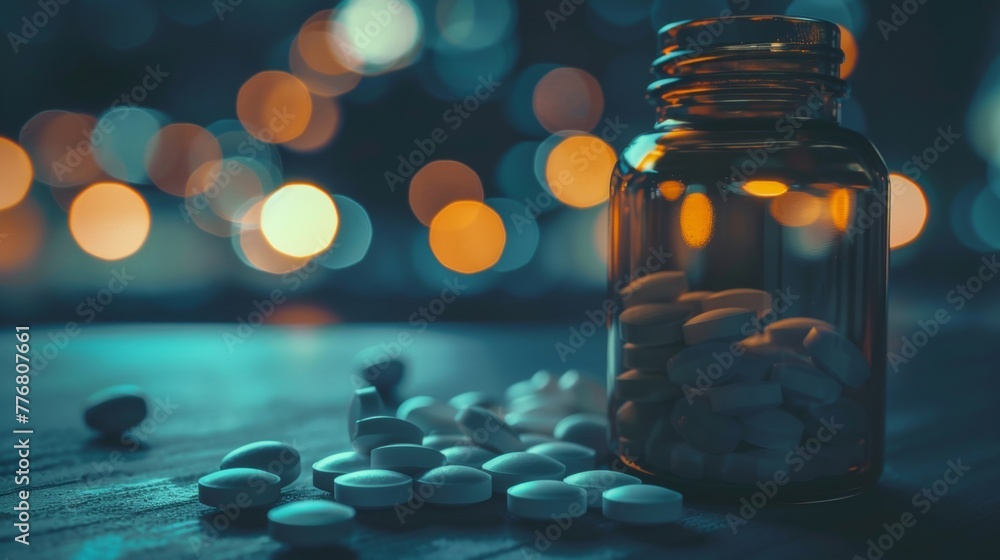 Poster a clear jar filled with white pills is placed on top of a wooden table. the pills are neatly arrange