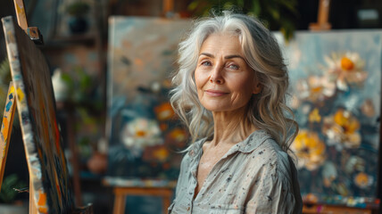 an artistic retired woman standing in front of an easel and doing an oil painting,generative ai