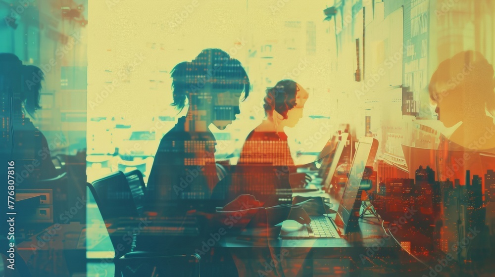 Poster two individuals are seated at a table with laptops in front of them, engrossed in their work. they a