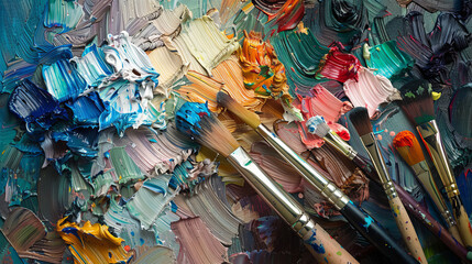 Close-up of oil paint and brushes creating an intricate texture on canvas, showcasing the...