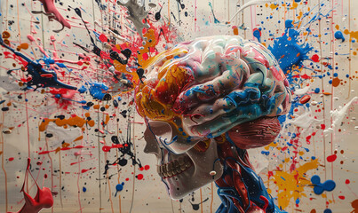brain with circuits intertwined with paint splatters: Suggests that AI draws from both logic and creativity,generative ai