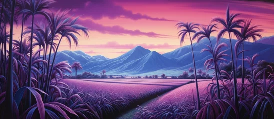 Fotobehang Purple landscape painting featuring serene palm trees and majestic mountains in the background © AkuAku