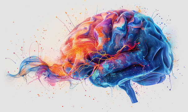 brain with circuits intertwined with paint splatters: Suggests that AI draws from both logic and creativity,generative ai