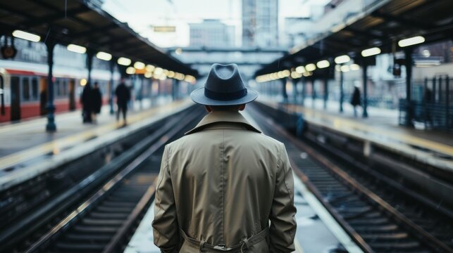 A man in a trench coat and fedora stands on the platform back to the camera as gazes off into the distance lost in thought. . .