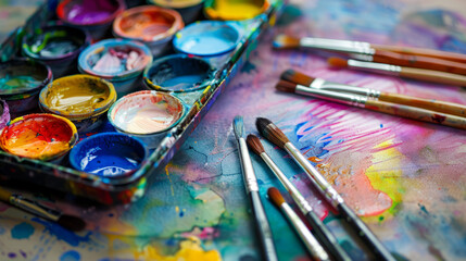 Obraz premium Colorful palette with watercolors and scattered brushes showing a burst of artistic spontaneity on surface