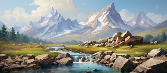 A scenic painting of a peaceful mountain stream surrounded by rocks and grass in the foreground, with a majestic mountain in the background