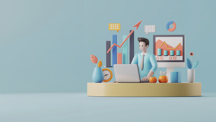 3D character analyzing market trends on a computer, amidst vibrant infographics.