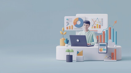 A stylized 3D figure reviews financial data on a laptop in a pastel-hued workspace.
