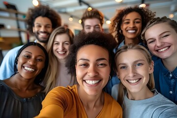 Obraz premium Multicultural happy people taking group selfie portrait in the office, diverse people celebrating together, Happy lifestyle and teamwork concept 