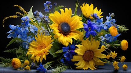 Fototapeta na wymiar lush blue and yellow bouquet flowers images