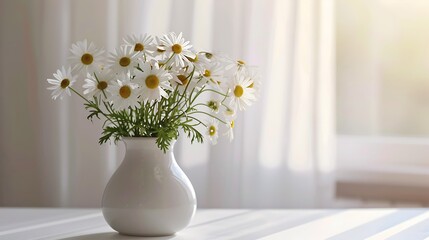 a bouquet of daisies in a white glass vase on a white table