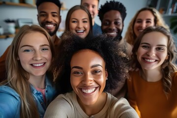 Obraz premium Multicultural happy people taking group selfie portrait in the office, diverse people celebrating together, Happy lifestyle and teamwork concept 