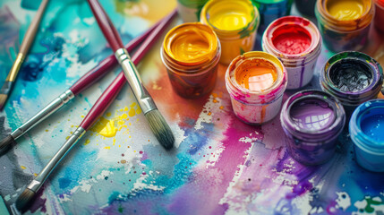 An inspiring array of paint jars and brushes amidst vibrant spills of paint on a colorful background