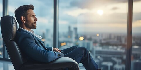 A handsome businessman sits in an office chair and looks at the city view through a window. - Powered by Adobe