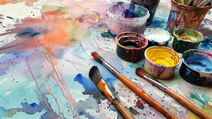 A chaotic scene of opened paint jars, brushes, and vivid paint splashes across an artist's workspace