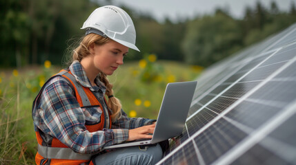 A Professional female engineer in a safety helmet works on a laptop at a solar farm during a field evaluation outdoor.