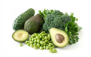 Green vegetables,broccoli and avocado,beans scattered on white background,healthy eating concept.