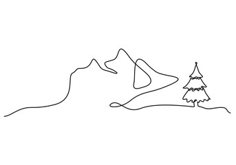 One continuous line drawing of mountain range landscape. Web banner with mounts in simple linear style. Adventure winter sports concept isolated on white background. Doodle vector illustration