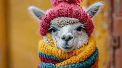 portrait of an alpaca dressed in a woolen hat and scarf
