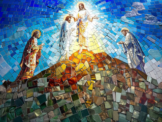 Transfiguration of Jesus Mosaic Artwork with Vibrant Blue Sky