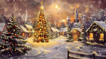 Enchanted Winter Village with Christmas Tree at Nightfall