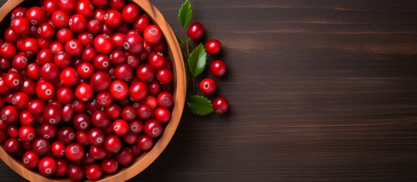 Fresh crimson cranberries in a rustic bowl resting on a sturdy wooden table, natural light enhances the vibrant red hues