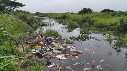 Pollution on the river with bottles