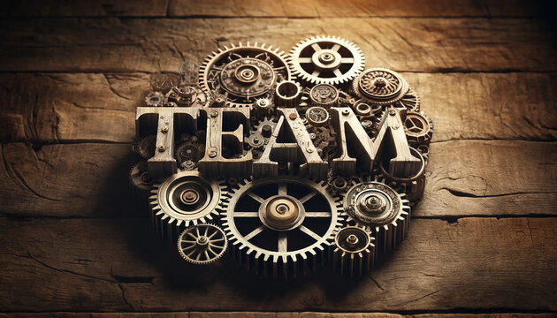The word 'TEAM' created from old mechanical gears on a rustic wooden background, designed to symbolize the importance of teamwork and cooperation.