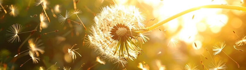 Weightless dandelion parachutes, caught in a gentle breeze, serene , professional color grading, - obrazy, fototapety, plakaty