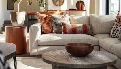 Warm Textured Living Room with Earthy Toned Accents.
