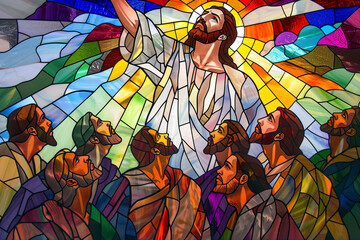 Jesus Christ Ascending to Heaven Amidst His Disciples Stained Glass Window