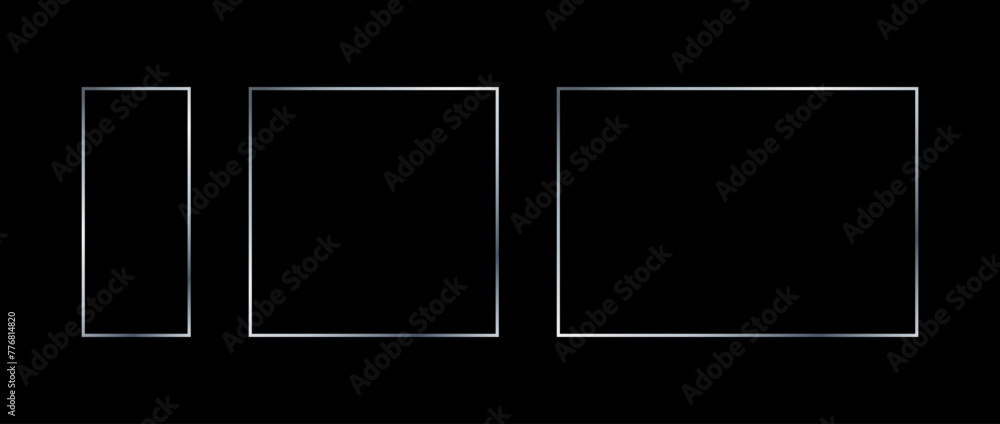 Poster Silver thin frame set. Grey geometric borders in art deco style. Argent thin linear square and rectangle collection. Silvery glowing shiny boarder element pack. Vector bundle for photo, cadre, decor