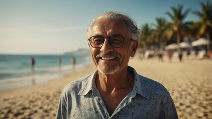 Fototapeta na wymiar elderly middle eastern man on bright summer beach vacation background smiling happy looking at camera with copy space for banner backdrop from Generative AI