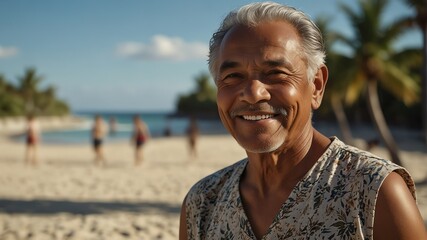 elderly pacific islander man on bright summer beach vacation background smiling happy looking at camera with copy space for banner backdrop from Generative AI