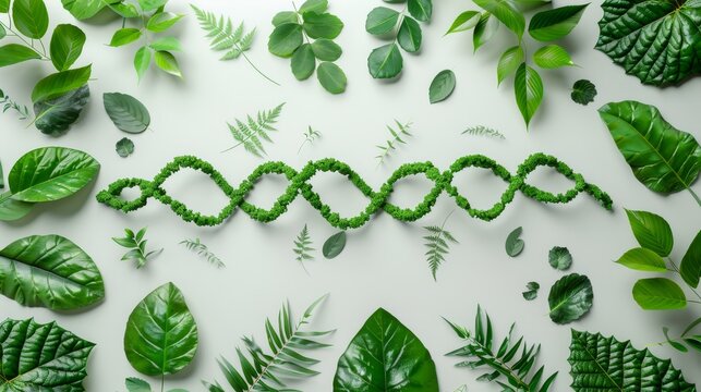 A 3D graphic depicting DNA helixes entwined with green leaves and other natural features