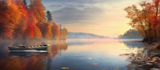 A serene painting showcasing a wooden boat peacefully floating on the calm waters of a secluded lake surrounded by lush green trees in a dense forest - obrazy, fototapety, plakaty