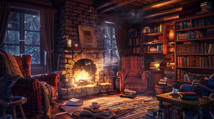 Fototapeta na wymiar Intimate and cozy cabin ambiance featuring a lit fireplace and a book-filled room with winter outside