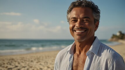 middle aged multiracial man on bright summer beach vacation background smiling happy looking at camera with copy space for banner backdrop from Generative AI