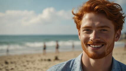 young red head man on bright summer beach vacation background smiling happy looking at camera with copy space for banner backdrop from Generative AI