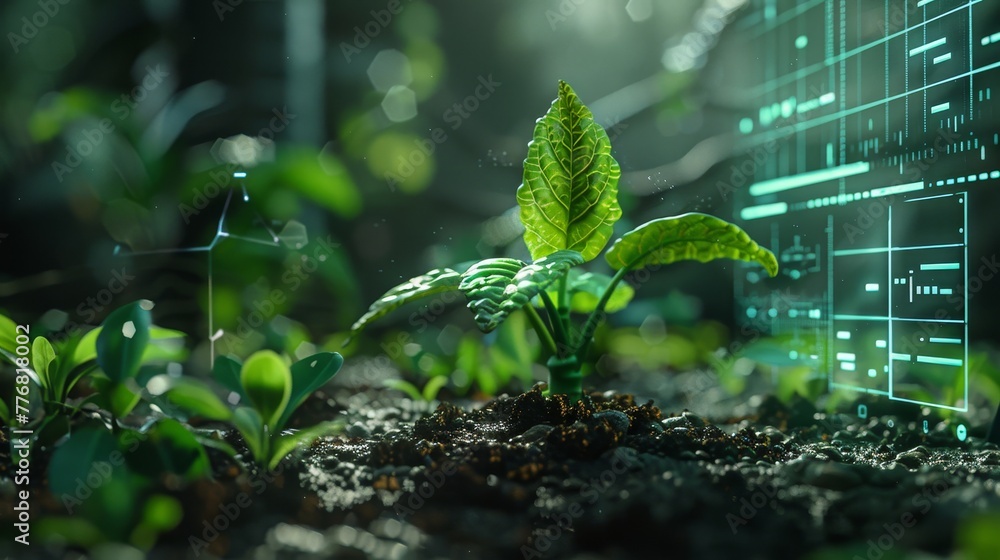 Poster graphics and data displayed on the right side of the screen, accompanied by a green sprout emerging 