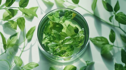 Obraz premium A green glass beaker containing liquid and plants, encircled by swirling leaves