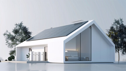 A contemporary house featuring solar panels, large windows, and minimalist design surrounded by nature..