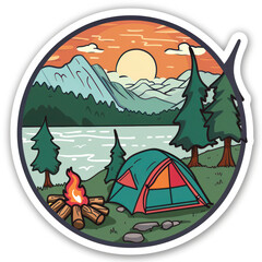 Sticker design of camping scene with tent and fire at sunset.