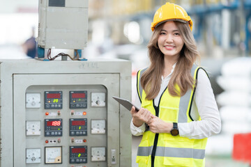 Asian female engineer with long hair wearing a hard hat and vest holding a tablet stands next to an...