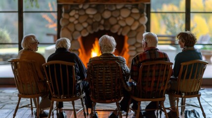 A group of elders sit on chairs around the fireplace backs turned to the camera reminiscing about old times and enjoying each . . - obrazy, fototapety, plakaty