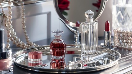 A vanity table set with sparkling jeweled perfume bottles a vintage hand mirror and a sleek silver tray holding an array of classic . .