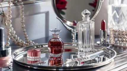 Foto op Plexiglas A vanity table set with sparkling jeweled perfume bottles a vintage hand mirror and a sleek silver tray holding an array of classic . . © Justlight